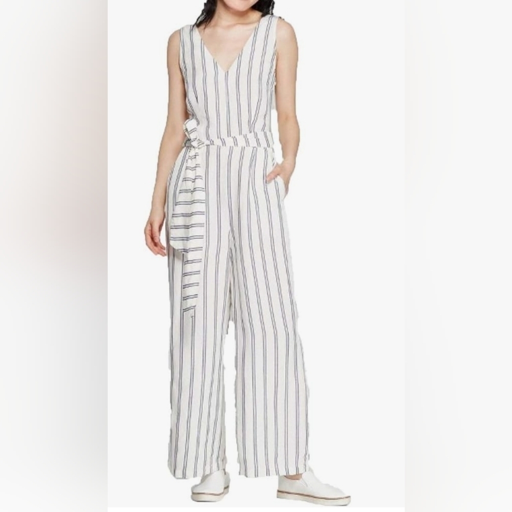A New Day Women's Striped Sleeveless V-Neck Jumpsuit - Cream Stripes Linen XXL